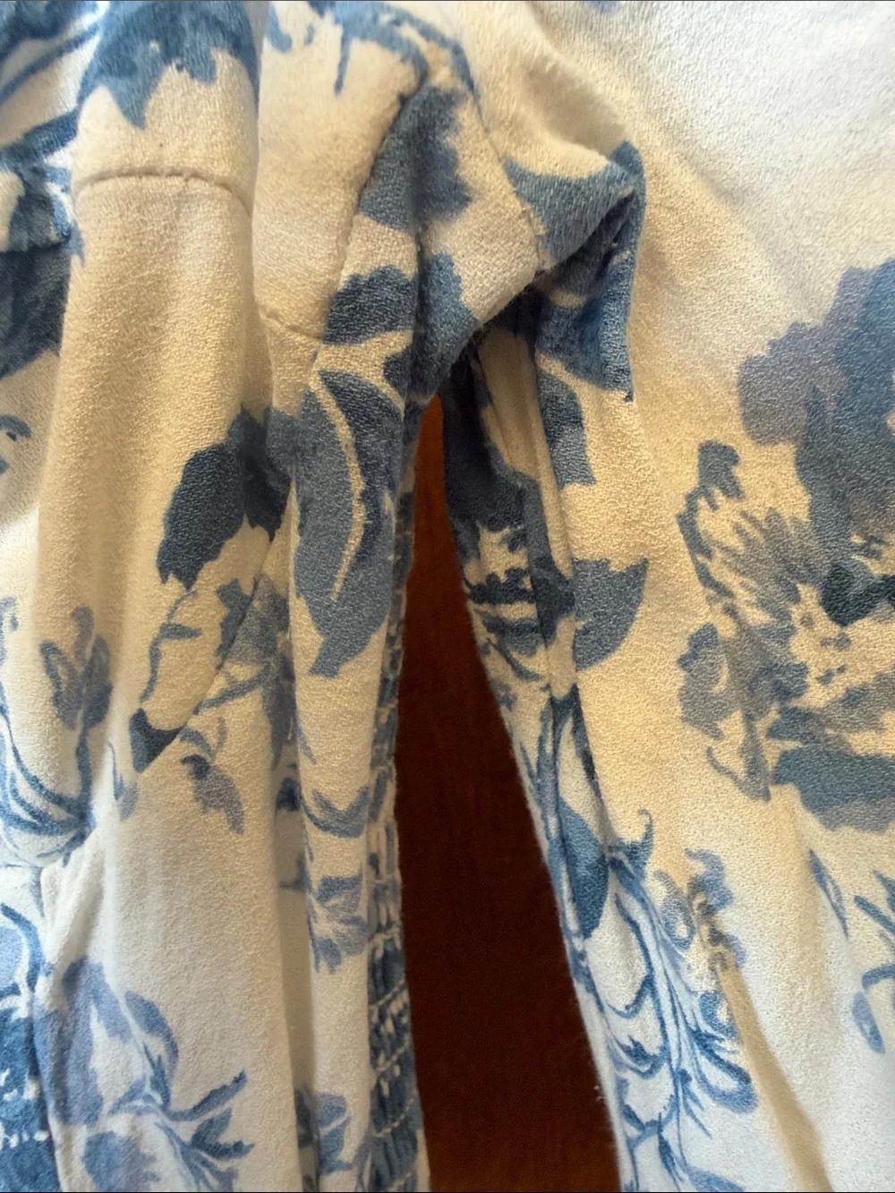 Reformation Cream and Blue Floral Puff-Sleeve Square Neck Top